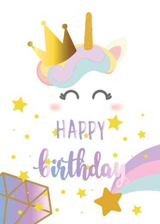 Happy birthday card with cute unicorn. Greeting . Hand written text.のイラスト素材