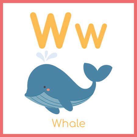 Cute animal alphabet. W letter. Cute Whale.のイラスト素材