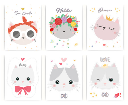 Set of cute cat vector. T-shirt design. Greeting card.のイラスト素材