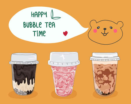 Bubble tea design, Pearl milk tea, coffees and soft drinks with logo and doodle style advertisement banner. bubble tea slogan with bubble tea cartoon Vector illustration.のイラスト素材