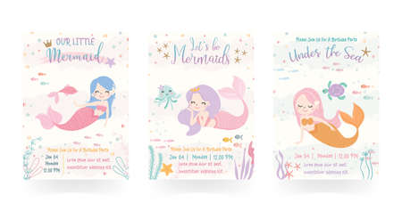 Cute mermaid theme birthday party invitation card vector illustration.のイラスト素材