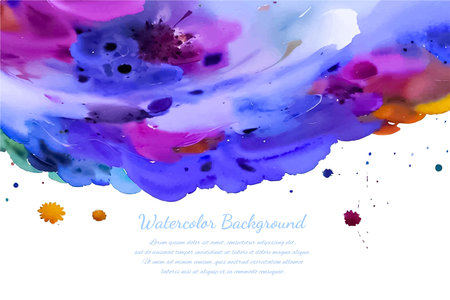 Multicolored splash watercolor paint blot - template for your designs. Blue and purple colored, abstract backgroundのイラスト素材