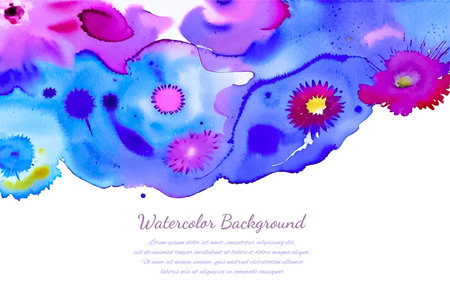 Multicolored splash watercolor paint blot - template for your designs. Blue and purple colored, abstract backgroundのイラスト素材