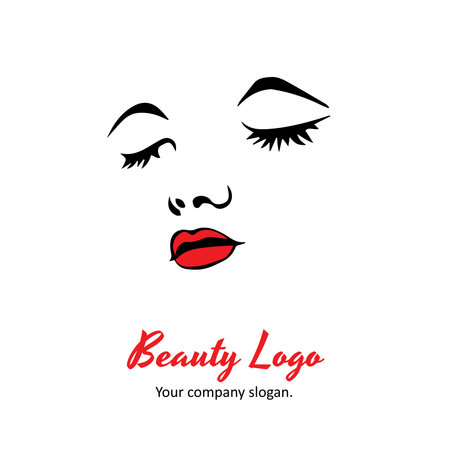 illustration of women with red lips , mape up style icon, logo women face on white background, vector emblem, illustration, salon, spa company business logoのイラスト素材