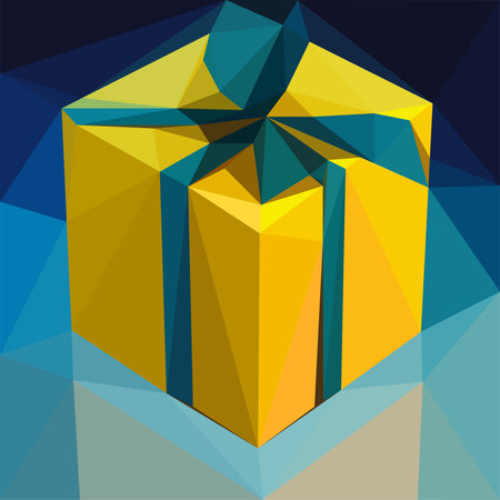 Yellow vector gift, low poly, polygonal geometric box isolated on blue background with blue bow, anniversary, birthday surpriseのイラスト素材