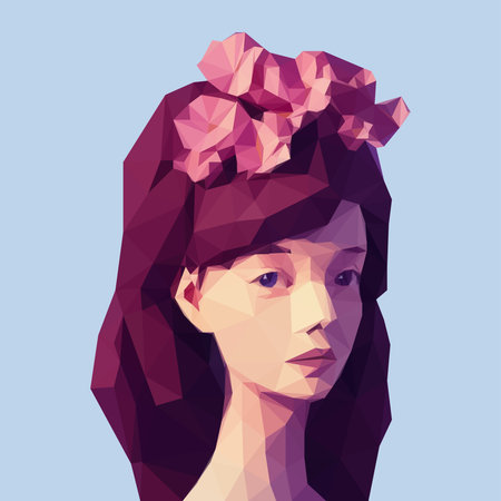 Lady wit flowers, Low poly spring, summer animated girl portrait , romantic, sensual girl with flowers in hair, feminine hairstyle, fashion floral graphic characterのイラスト素材