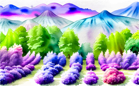 Vector watercolor landscape with mountain and lilac trees, spring illustration with vibrant purple colorのイラスト素材