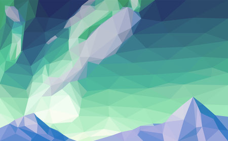Polygonal geometric abstract digital mountain, vector colorful, flat landscape, travel background, mountains art, blue sky, creative backdrop, Northern lights, aurora borealisのイラスト素材