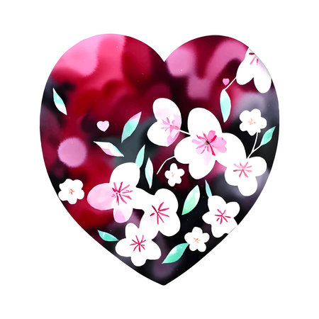 Vector red heart with cherry, sakura bloosom, valentine's day love ornament, spring floral painting, vintage romantic, lovely design elementsのイラスト素材