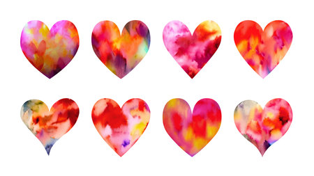Watercolor hand painted love hearts set,collection, illustrated in red and pink ink and isolated on white for wedding invitations or Valentine's day card, template.のイラスト素材