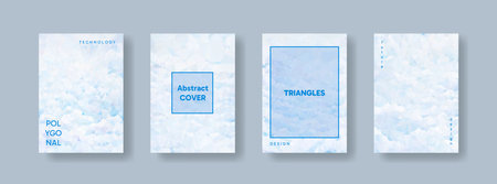 Low poly vertical abstract white and light blue flyers, collections of A4 size covers, set backgrounds, trendy, geometric, cyber polygonal and white beautiful presentation,set of  triangle style postersのイラスト素材