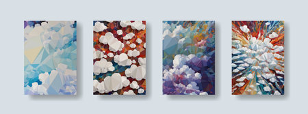 Low poly vertical abstract colorful flyers with cartoon clouds, collections of A4 size covers, set...