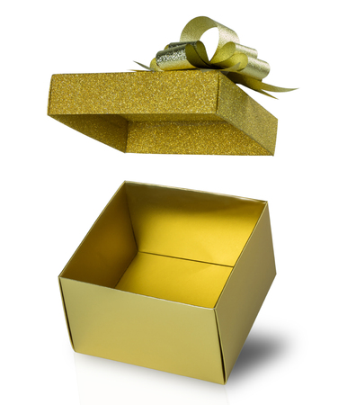 Close up open gift box and floating glitter lid isolated on white background with clipping path