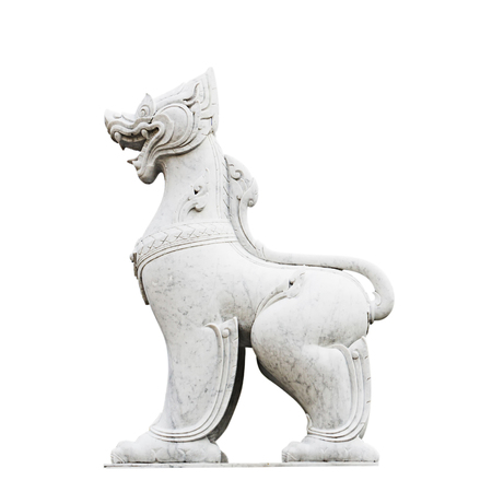 Isolated lion based creature marble statue call singha form himmapa forest mythical on white...