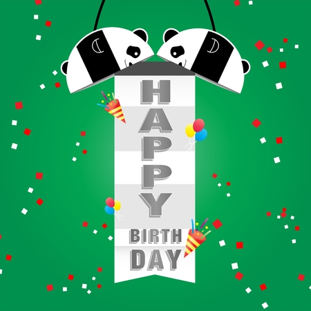Vector background template of celebration event open congratulation ball panda shape show the Happy Birthday sign and ribbon colorful paper drop everywhereのイラスト素材