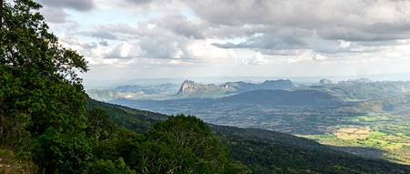 Panorama view of landscape green forest mountain field cloudy sky