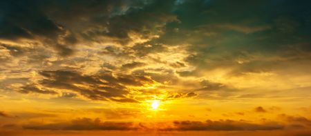 Panorama cloudy sky and sun at twilight time golden hour background