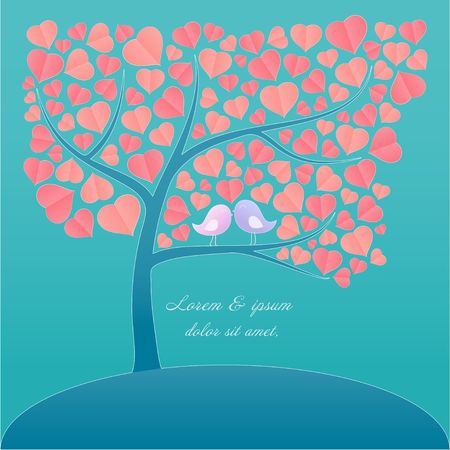 Couple Love Birds on the branch of the heart shape leaves tree passtel color, wedding invitation card theme vector backgroundのイラスト素材