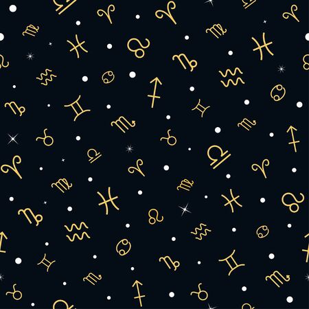 Yellow Zodiac symbols and white star on dark space seamless pattern vector horoscpore theme backgroundのイラスト素材