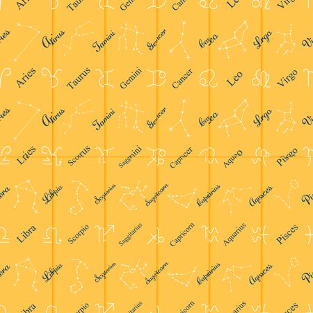 Yellow wrapping paper Zodiac symbols and star theme set seamless pattern vector backgroundのイラスト素材