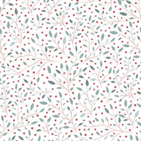 Small branch and leaves and red berries seamless pattern nature wallpaperのイラスト素材