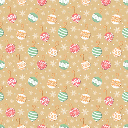 Colorful christmas ornament and snow flanke seamless pattern gold backgroundのイラスト素材
