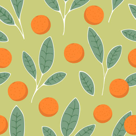 Oranges fruit and leaves seamless pattern tropical backgroundのイラスト素材