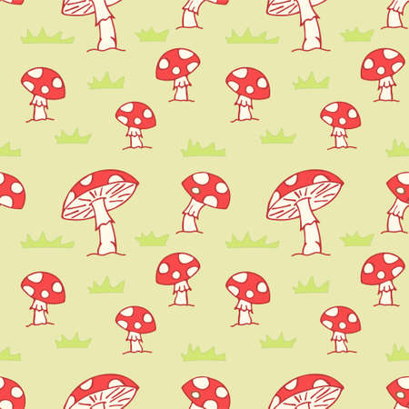 Red mushroom fly amanita in the grass field seamless pattern fungi backgroundのイラスト素材