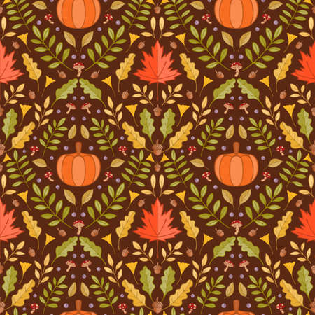 Colorful autumn leaves and pumpkin Double medallion motif seamless pattern backgroundのイラスト素材