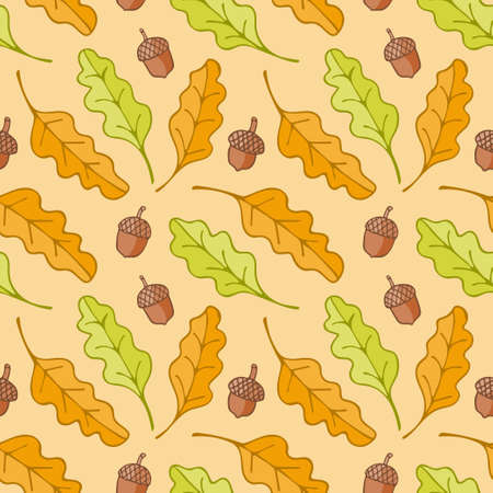 Autumn Oak leave and acorn seamless pattern vector seasonal backgroundのイラスト素材