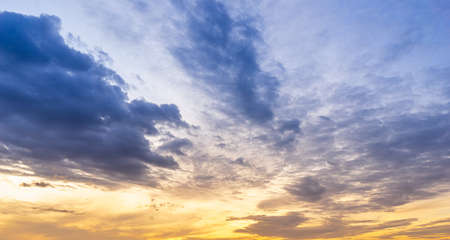 Panoramic view of the sky at twilight and sunrise with clouds, nature background image.の写真素材