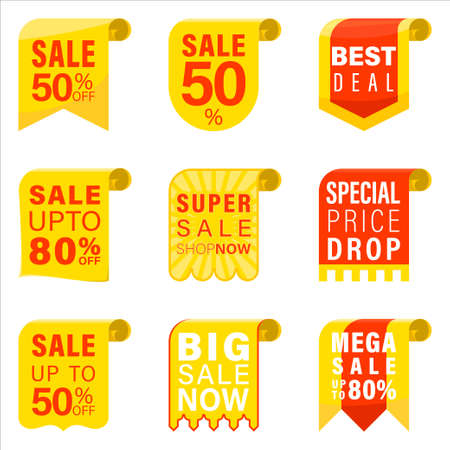 sale promotion tag label, paper scroll shape, red and yellow color, vector icon illustration collection.のイラスト素材