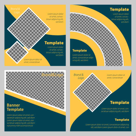 minimal promotion square web banner template set for digital marketing, yellow and dark green background color, vector illustrationのイラスト素材