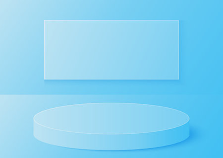 Abstract cylinder podium in the room with rectangular frame on background, blue color, vector geometric platform illustration for product display presentation, promotion banner.のイラスト素材