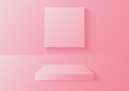 Abstract rectangular podium in the room with square frame on background, pink color, vector geometric platform illustration for product display presentation, promotion banner.のイラスト素材
