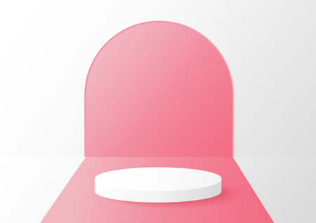 White cylinder podium in the room with pink stripe on background, vector geometric platform illustration for product display presentation, promotion banner.のイラスト素材