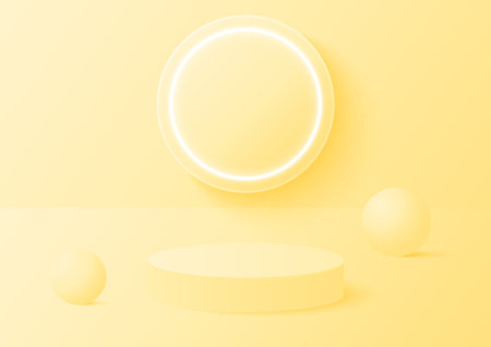 Abstract cylinder podium in the room with glowing neon ring on background, yellow color, vector geometric platform illustration for product display presentation, promotion banner.のイラスト素材
