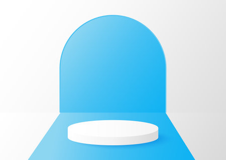 White cylinder podium in the room with blue stripe on background, vector geometric platform illustration for product display presentation, promotion banner.のイラスト素材