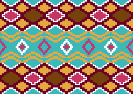 abstract ethnic seamless fabric pattern background, yellow, pink and green colors, geometric template for wallpaper, poster.のイラスト素材