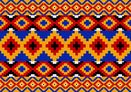 abstract ethnic seamless fabric pattern background, orange, red and blue colors, geometric template for wallpaper, poster.のイラスト素材
