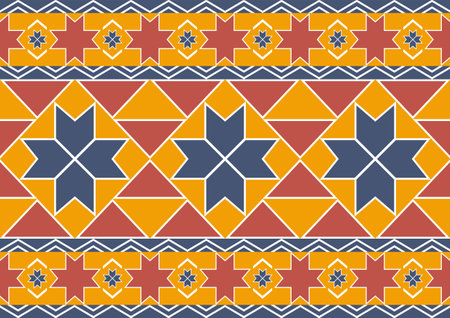 ethnic abstract samless pattern, geometric triangles shape background, red, yellow and blue pastel colors, design templates for wallpaper, clothing, carpet, wrapping, fabric, textileのイラスト素材