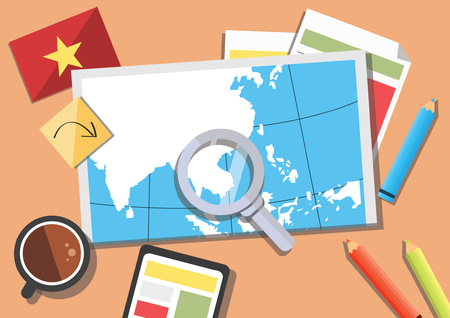 Flat lay working table with Vietnam mapのイラスト素材