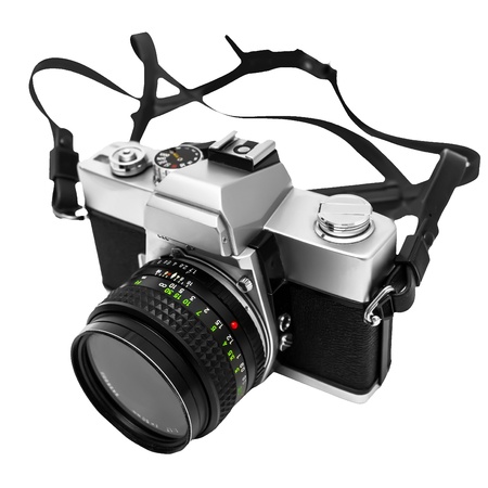 Vintage retro 35mm metal SLR camera with lens on isolated white background , masked.の写真素材
