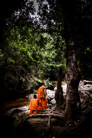 SIEM REAP, CAMBODIA - CIRCA JUNE 2012: Unidentified monks sitting near stream/waterfalls in the jungle June 2012 in SIEM REAP, CAMBODIA.のeditorial素材