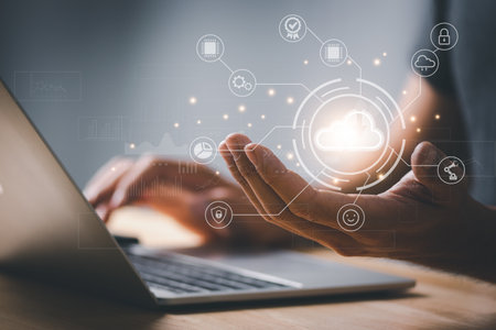 Business man use laptop with cloud computing diagram show and pen on hand. Networking and internet...