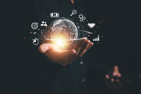 Businessman Hand holding holding Global network connection. Business global internet connection application technology and digital marketing, Financial and banking, Digital link tech, big data.の写真素材