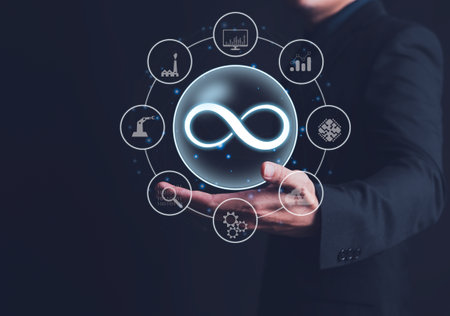 Infinity symbol with circular business icons in human hands. Sustainable Future Investment Growth...