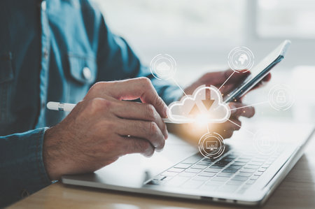 Hand pointing with virtual artificial intelligence with changing cloud computing technology. cloud...