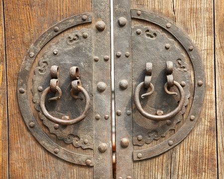 Old Chinese brown door with metal ring