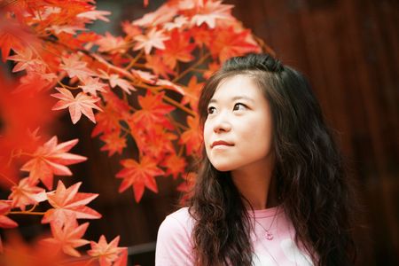 Sweet asian woman and red maple leaves in autumn day.の写真素材